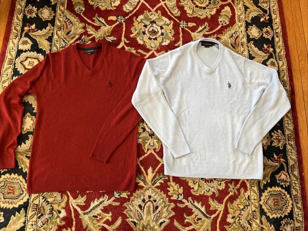 U.S.‎ Polo ASSN Sweater Mens Large White V-Neck Stitched Pony logo Preppy